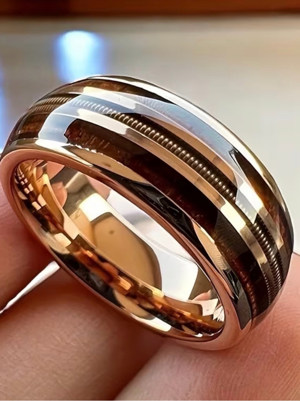 Men's Stainless Steel Wedding Band Ring with Wood and Guitar Strings Inlay 8mm